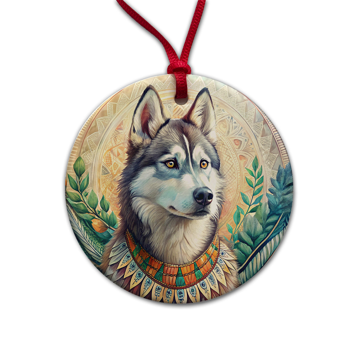 Siberian Husky Dog French Bohemian Art Round Ceramic Holiday Christmas Tree Ornament