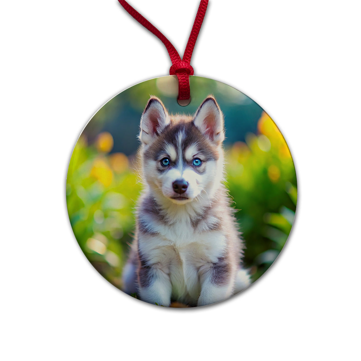 Siberian Husky Dog Puppy Photo Round Ceramic Holiday Christmas Tree Ornament