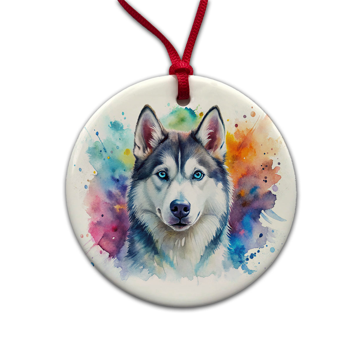 Siberian Husky Dog Watercolor Style Round Ceramic Holiday Christmas Tree Ornament