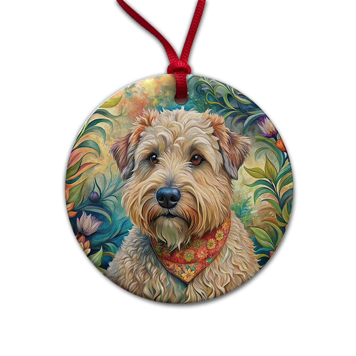 Soft Coated Wheaten Terrier Dog French Bohemian Art Round Ceramic Holiday Christmas Tree Ornament