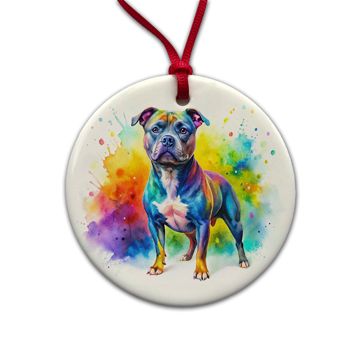 Staffordshire Bull Terrier Staffy Dog Watercolor Style Round Ceramic Holiday Christmas Tree Ornament