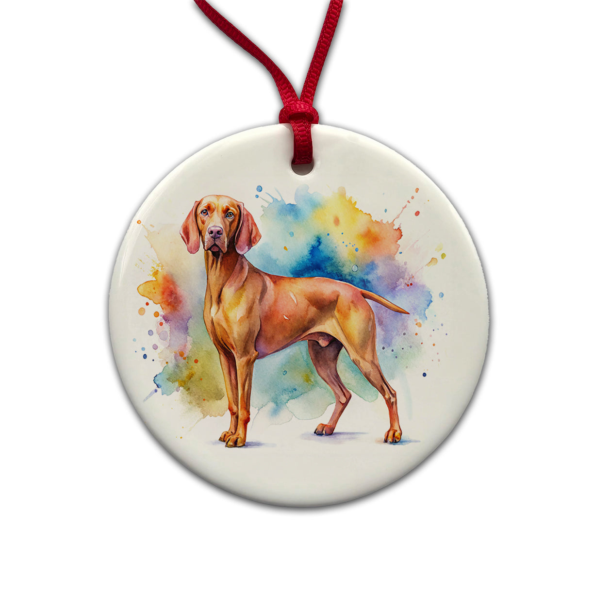 Vizsla Dog Watercolor Style Round Ceramic Holiday Christmas Tree Ornament