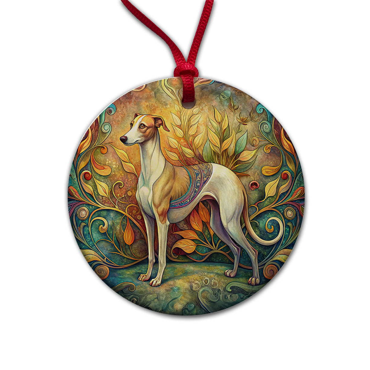 Whippet Dog Art Nouveau Round Ceramic Holiday Christmas Tree Ornament