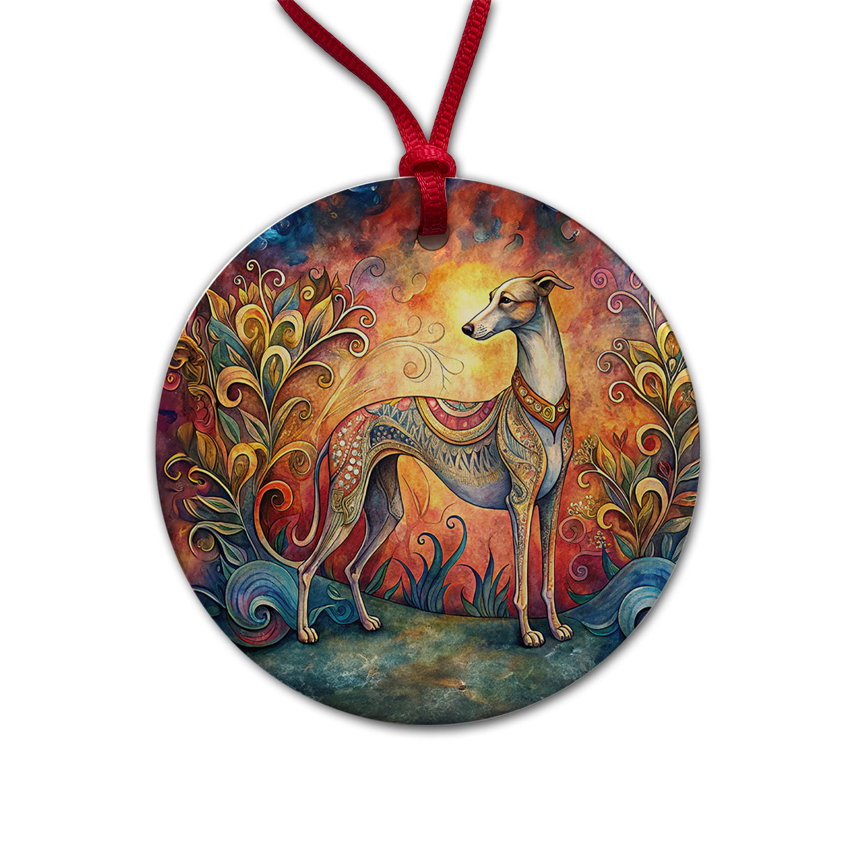 Whippet Dog Bohemian Art Round Ceramic Holiday Christmas Tree Ornament