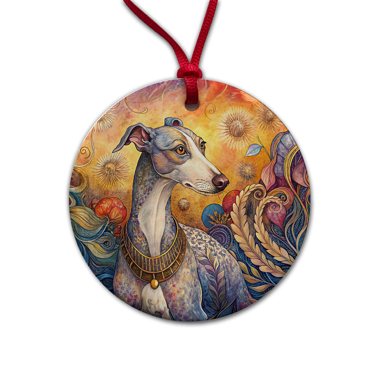Whippet Dog French Bohemian Art Round Ceramic Holiday Christmas Tree Ornament