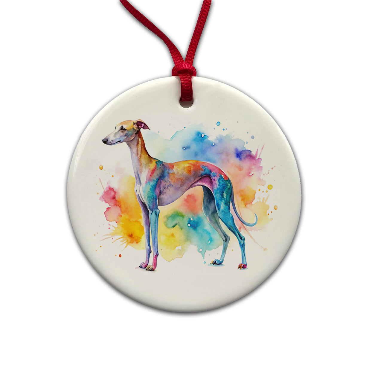 Whippet Dog Watercolor Style Round Ceramic Holiday Christmas Tree Ornament