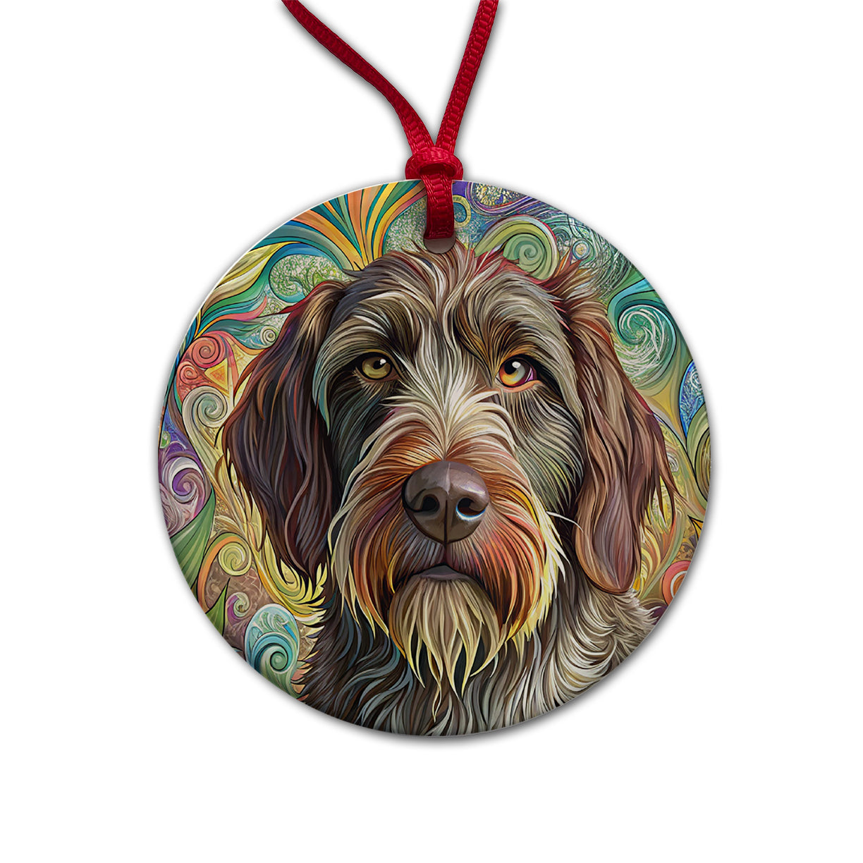 Wirehaired Pointing Griffon Dog French Bohemian Art Round Ceramic Holiday Christmas Tree Ornament