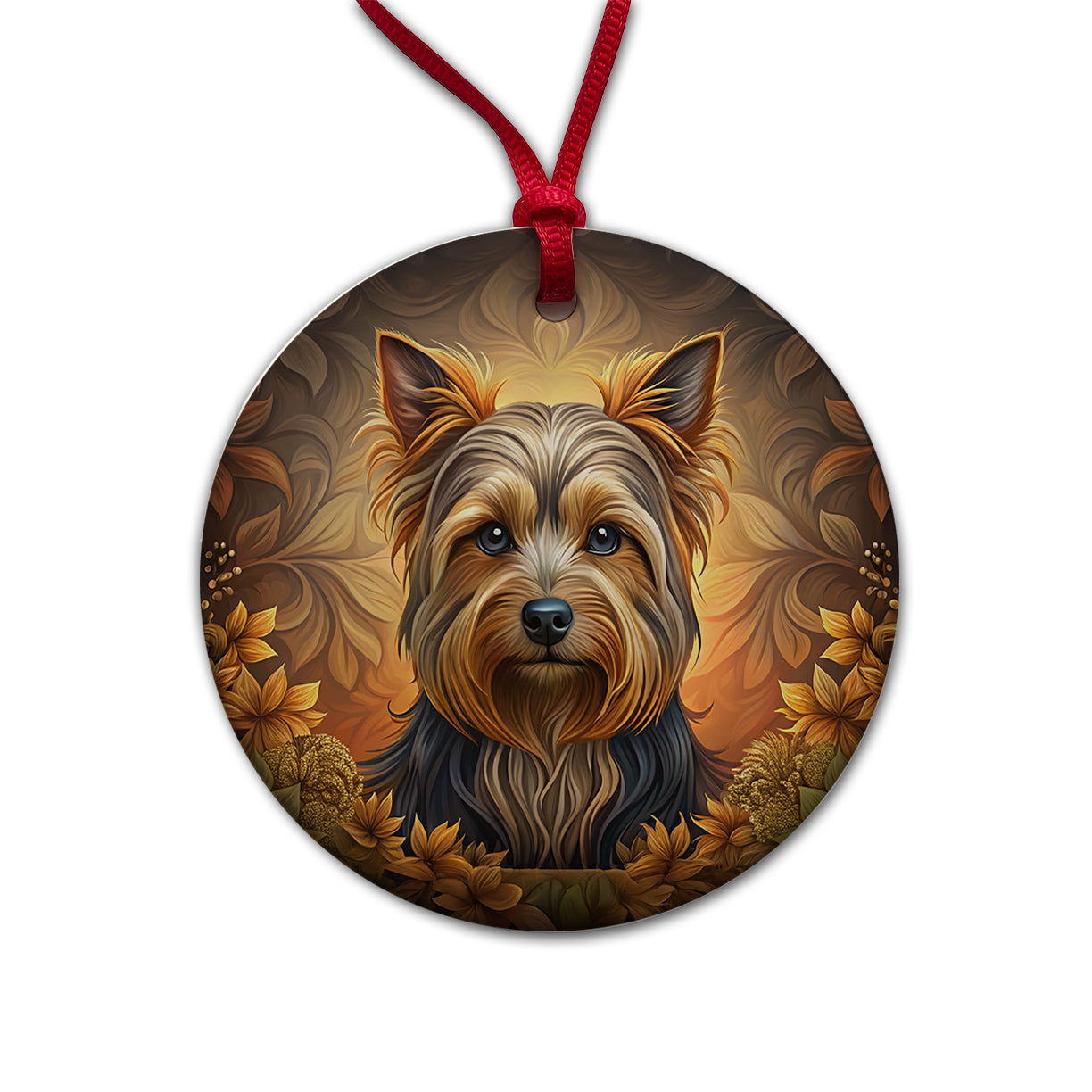 Yorkshire Terrier Yorkie Dog Art Nouveau Round Ceramic Holiday Christmas Tree Ornament