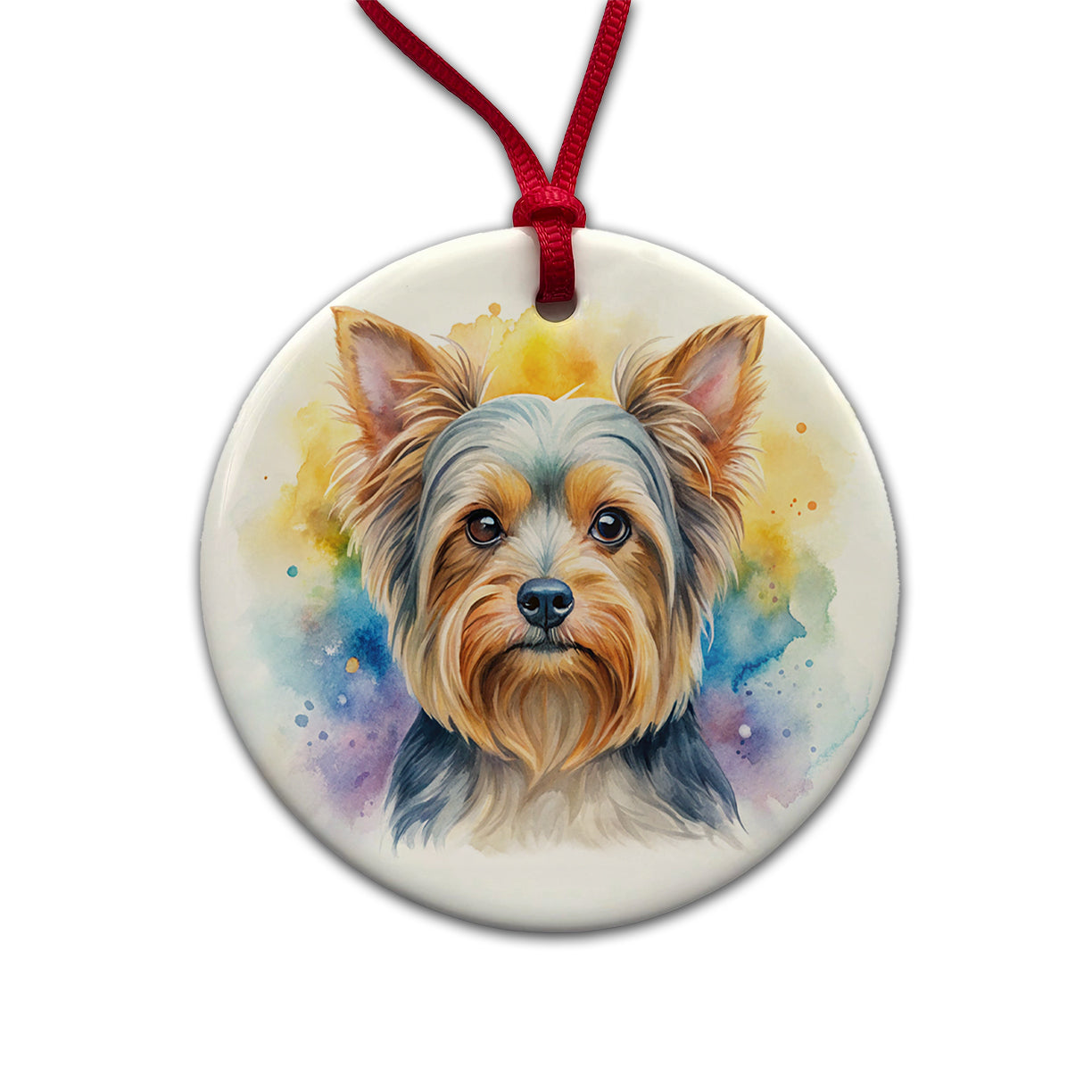 Yorkshire Terrier Yorkie Dog Watercolor Style Round Ceramic Holiday Christmas Tree Ornament
