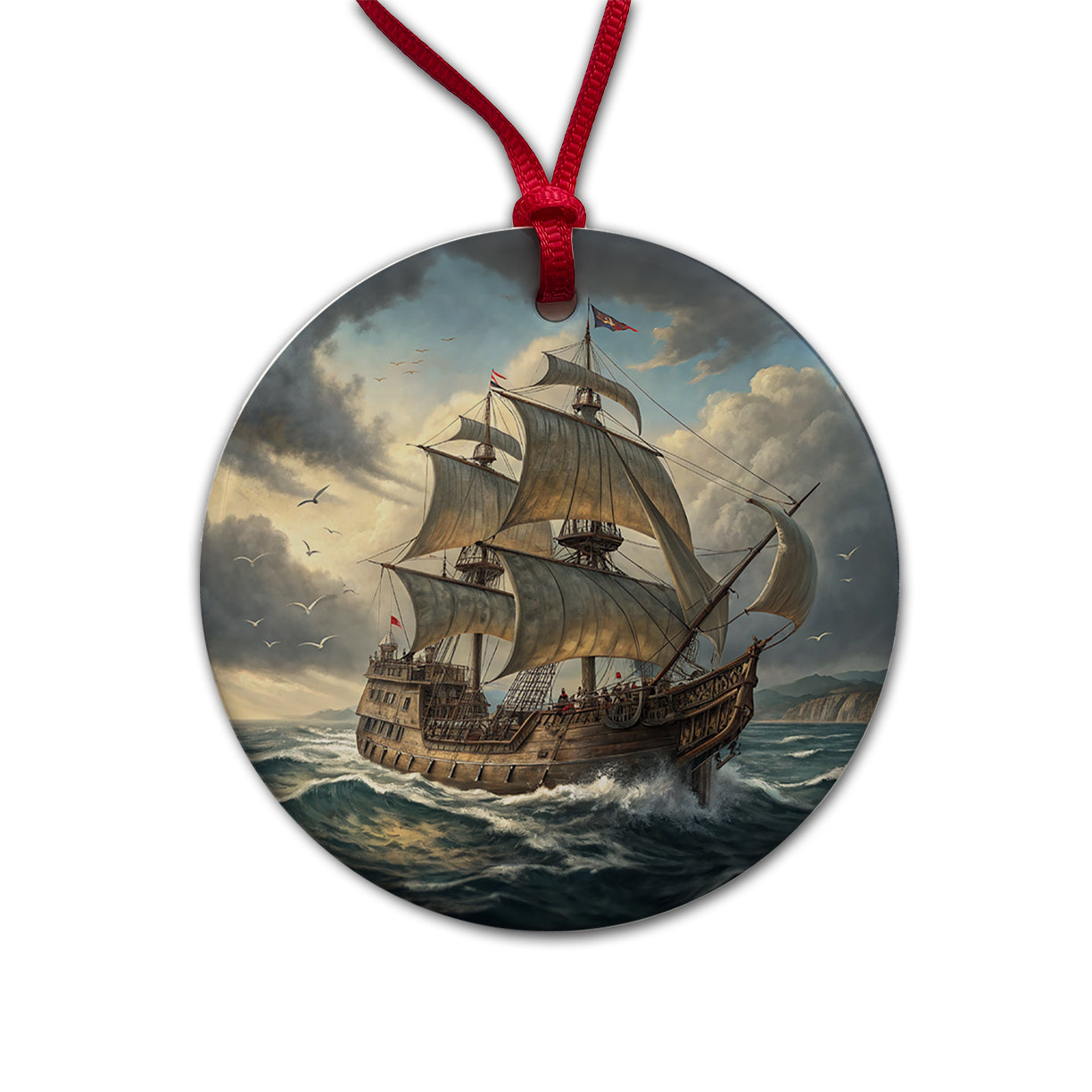 18th Century Privateer Sailing Ship At Sea Age of Sail Round Ceramic Holiday Christmas Tree Ornament