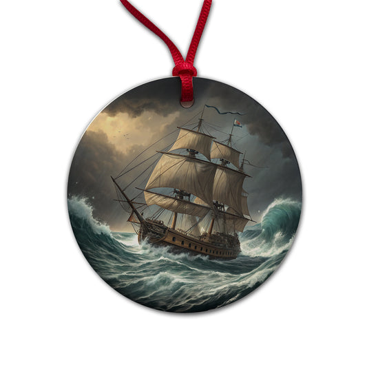 18th Century Sailing Ship Frigate In A Stormy Sea Round Ceramic Holiday Christmas Tree Ornament