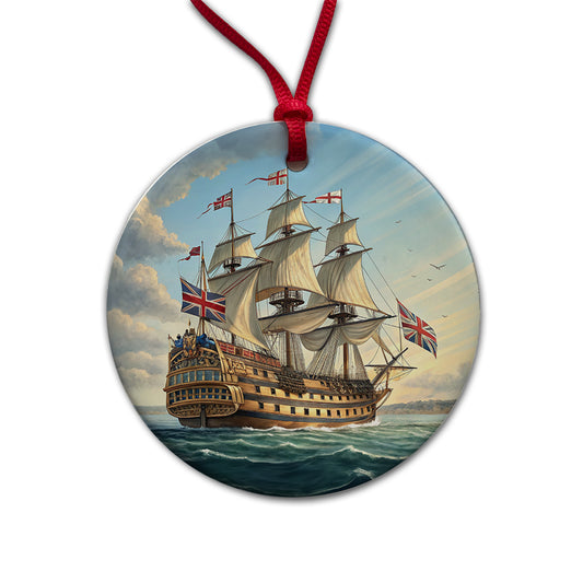 18th Century Warship British Sailing Ship Of The Line Round Ceramic Holiday Christmas Tree Ornament