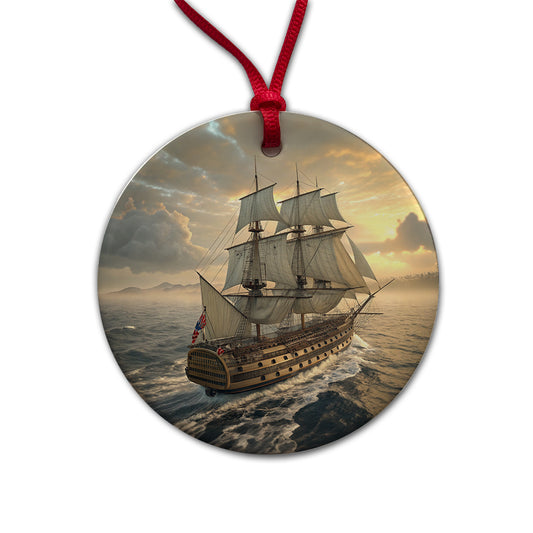 18th Century Warship Ship Of The Line At Sea Round Ceramic Holiday Christmas Tree Ornament