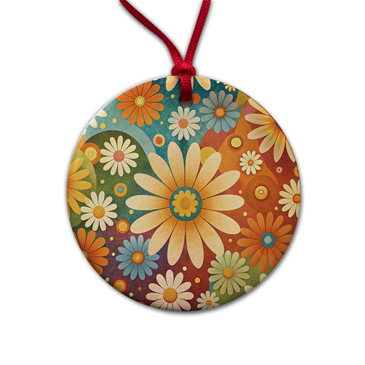 70's Retro Groovy Hippie Daisies Floral Design Round Ceramic Holiday Christmas Tree Ornament