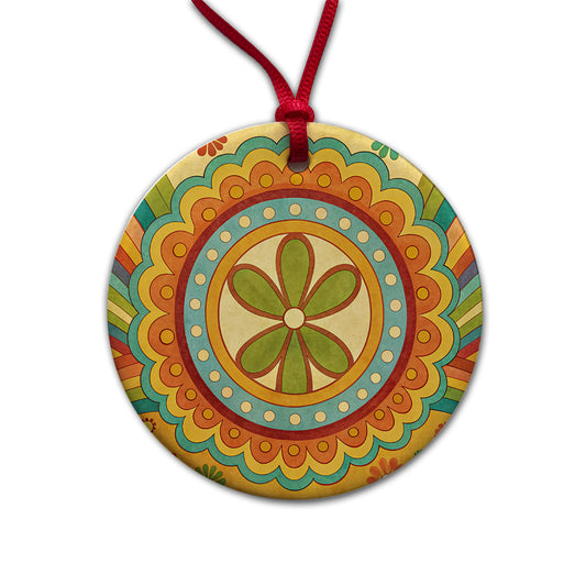 70's Retro Groovy Hippie Design Round Ceramic Holiday Christmas Tree Ornament