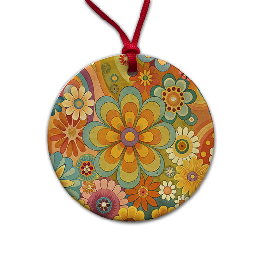 70's Retro Groovy Hippie Pretty Floral Design Round Ceramic Holiday Christmas Tree Ornament