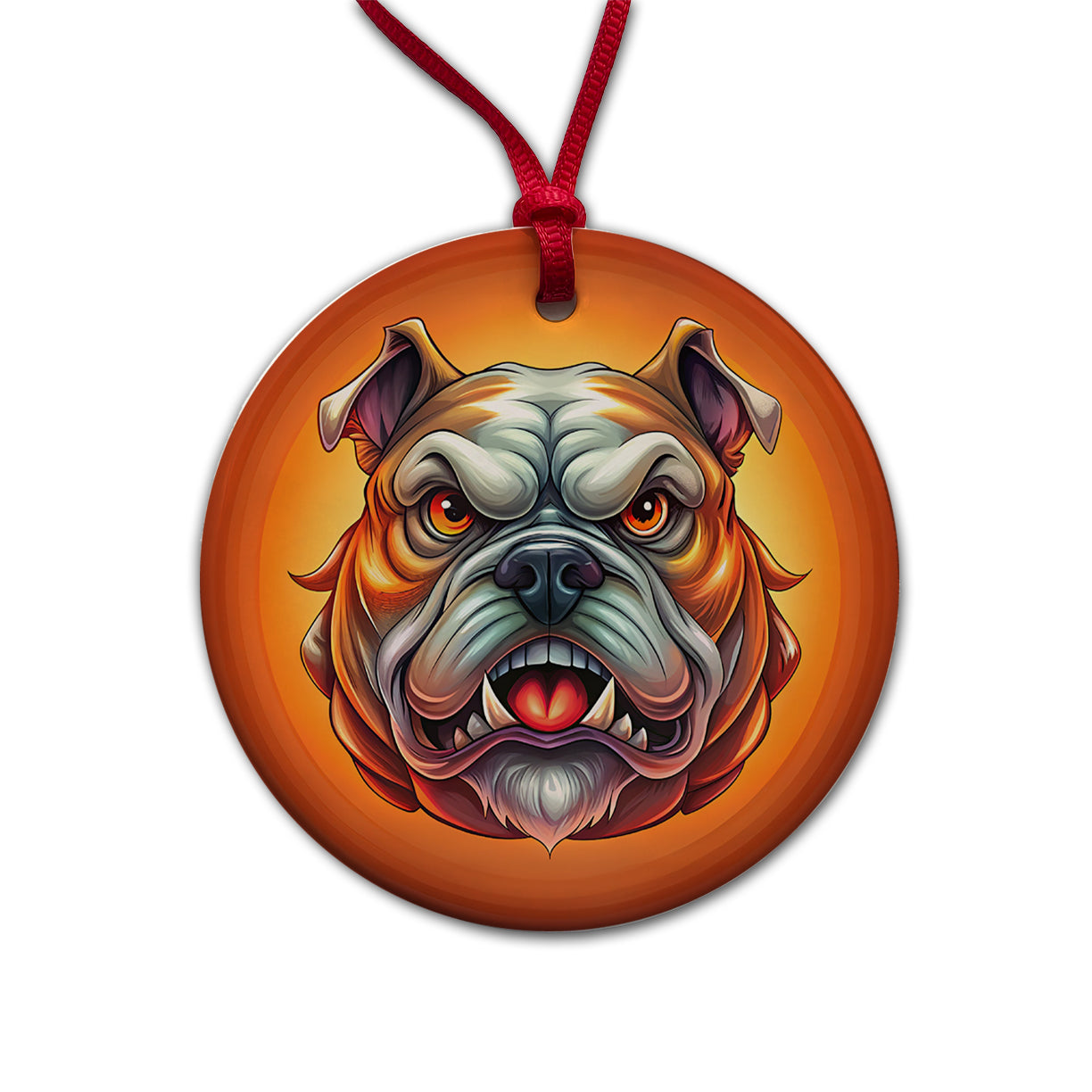 Angry Bulldog Cartoon Face Round Ceramic Holiday Christmas Tree Ornament