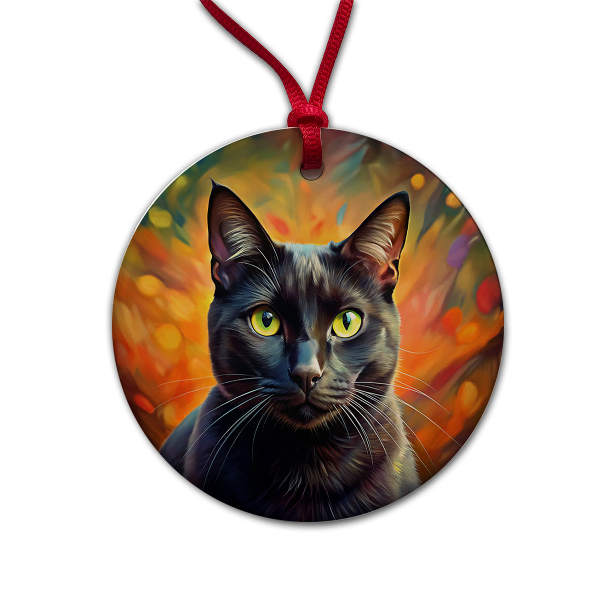 Black Cat Colorful Contemporary Style Art Round Ceramic Holiday Christmas Tree Ornament