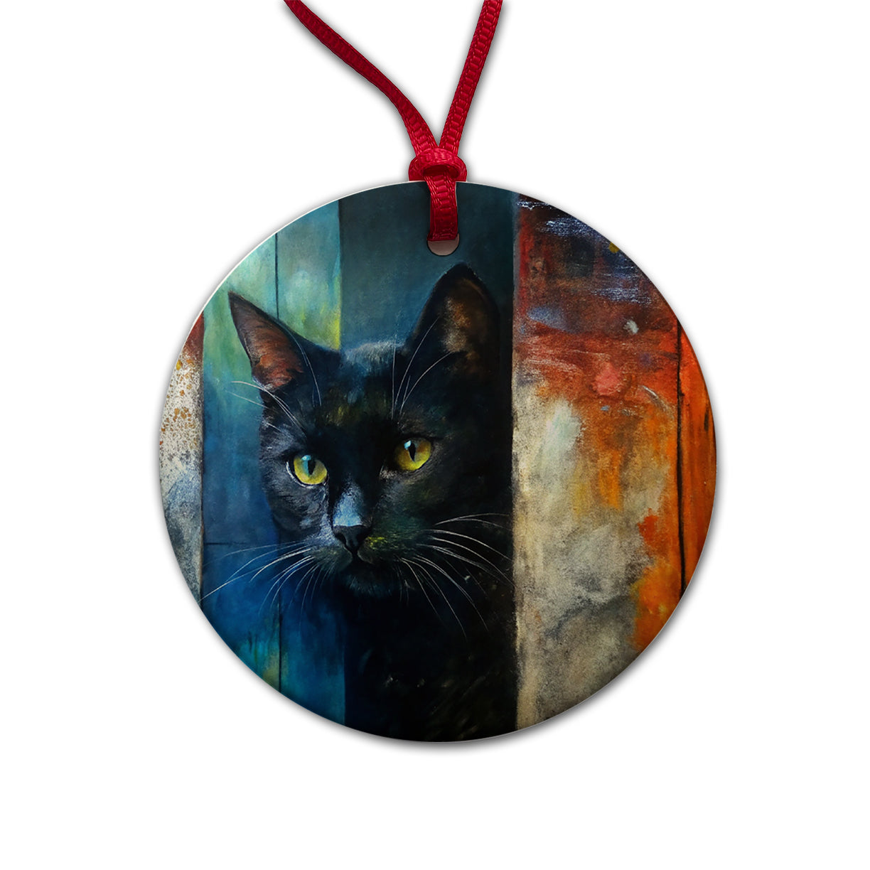 Black Cat Peaking Behind Door Abstract Art Round Ceramic Holiday Christmas Tree Ornament