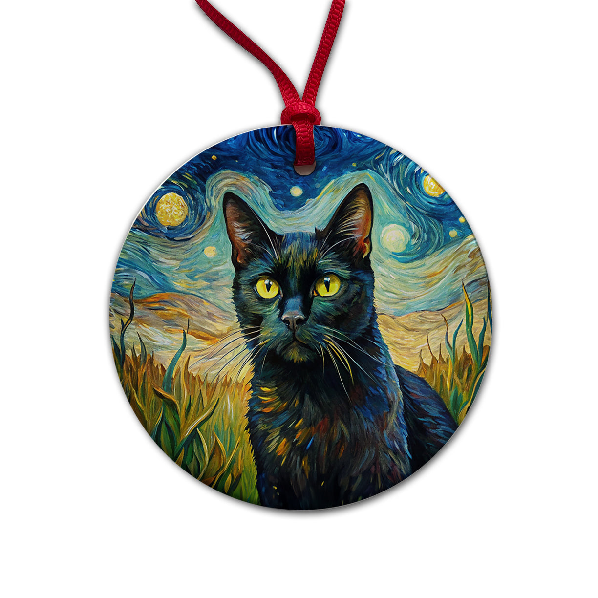 Black Cat Van Gogh Style Painting Round Ceramic Holiday Christmas Tree Ornament
