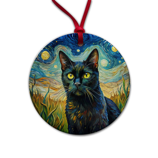 Black Cat Van Gogh Style Painting Round Ceramic Holiday Christmas Tree Ornament