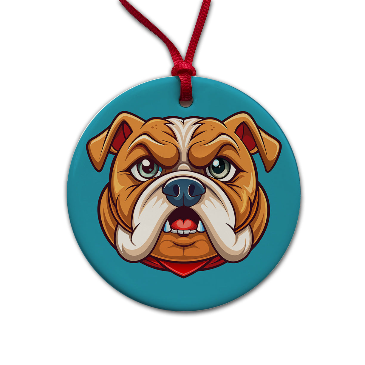 Bulldog Face Mascot Cartoon Round Ceramic Holiday Christmas Tree Ornament