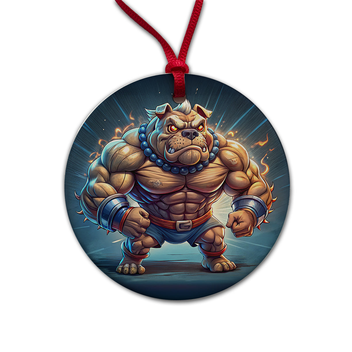 Bulldog With Huge Muscles Cartoon Round Ceramic Holiday Christmas Tree Ornament