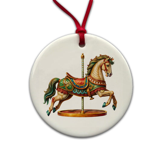 Carousel Horse Round Ceramic Holiday Christmas Tree Ornament