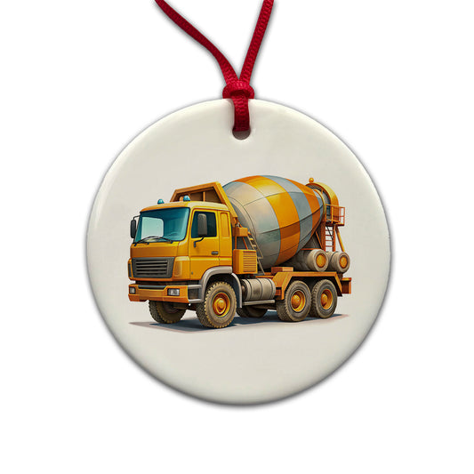 Cement Truck Construction Work Equipment Round Ceramic Holiday Christmas Tree Ornament