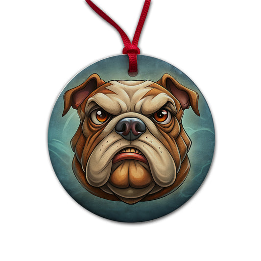 Classic Bulldog Face Cartoon Round Ceramic Holiday Christmas Tree Ornament