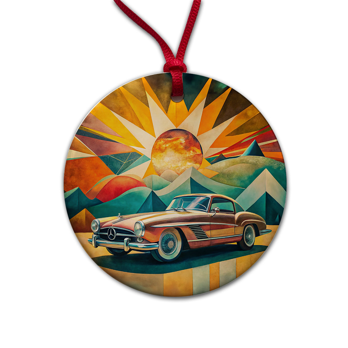Classic Retro German Car Art Round Ceramic Holiday Christmas Tree Ornament