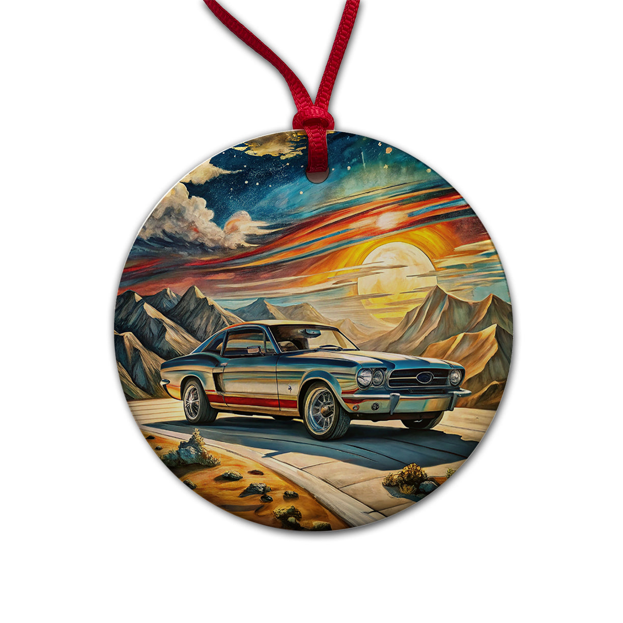 Classic Retro Muscle Car Art Round Ceramic Holiday Christmas Tree Ornament