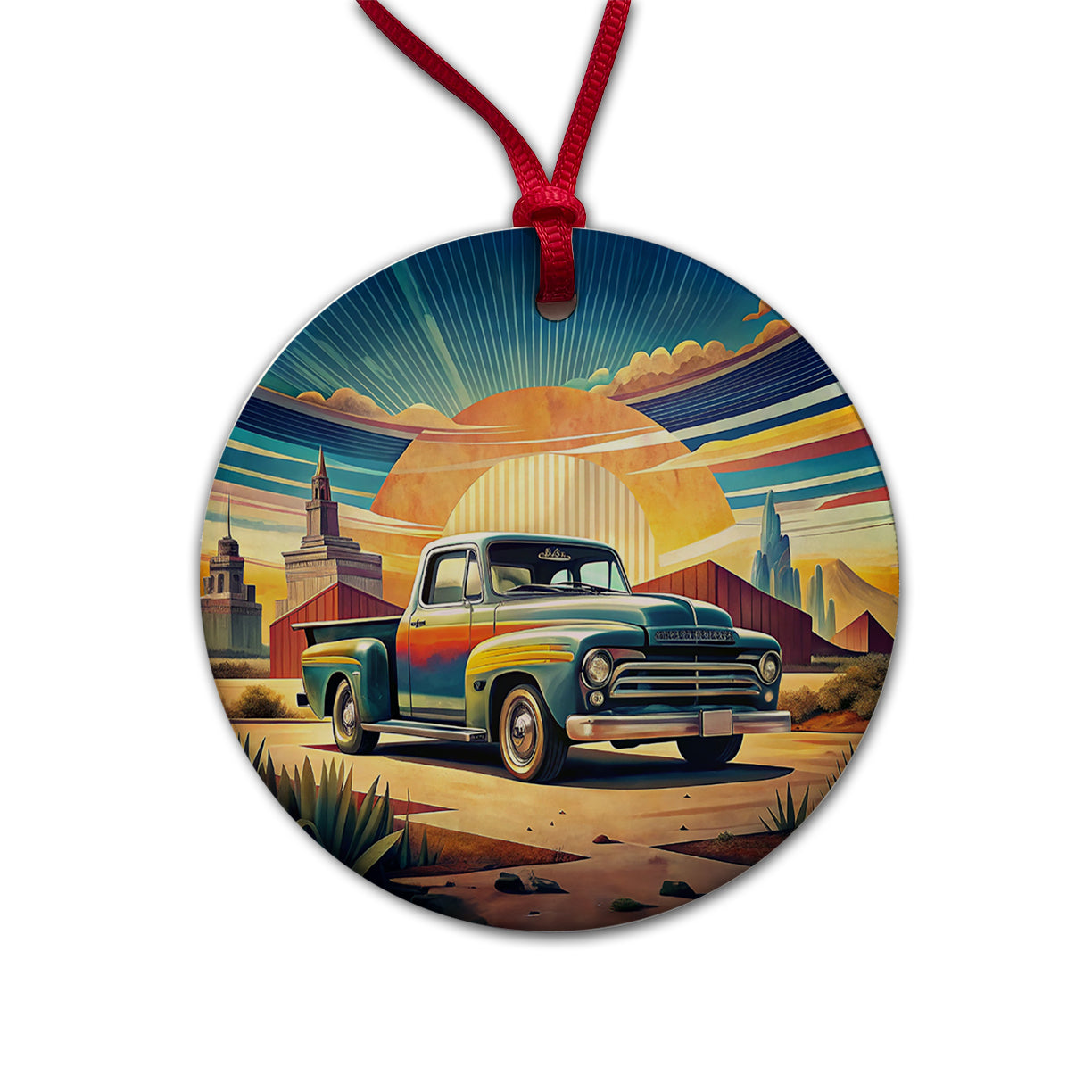 Classic Retro Truck Art Round Ceramic Holiday Christmas Tree Ornament