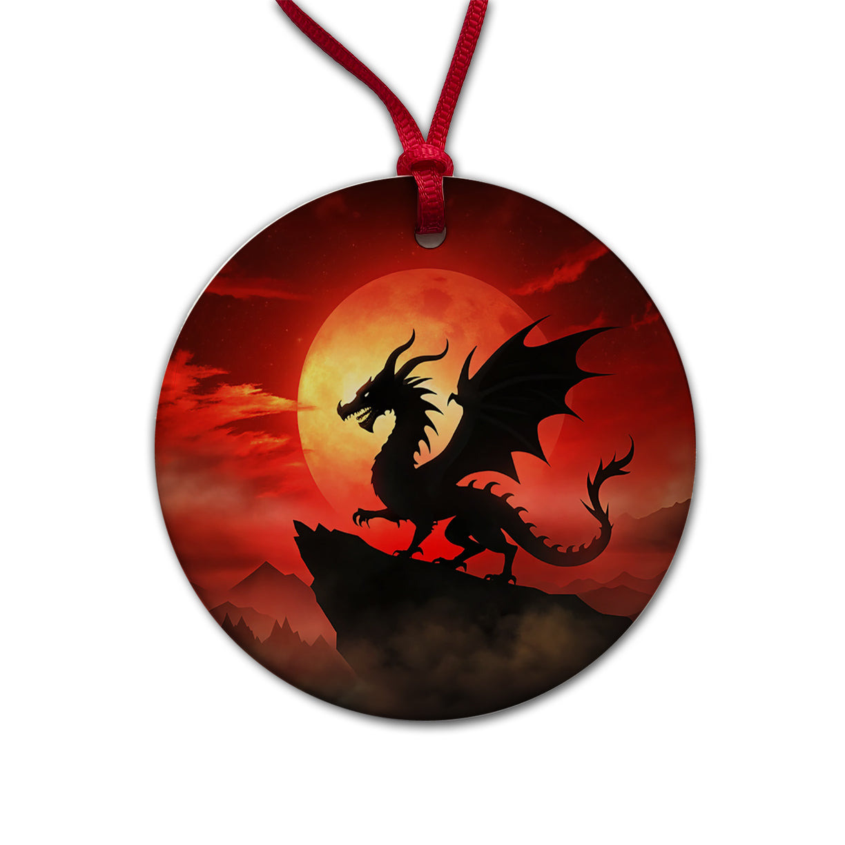 Dragon Silhouette Against A Red Sky Round Ceramic Holiday Christmas Tree Ornament