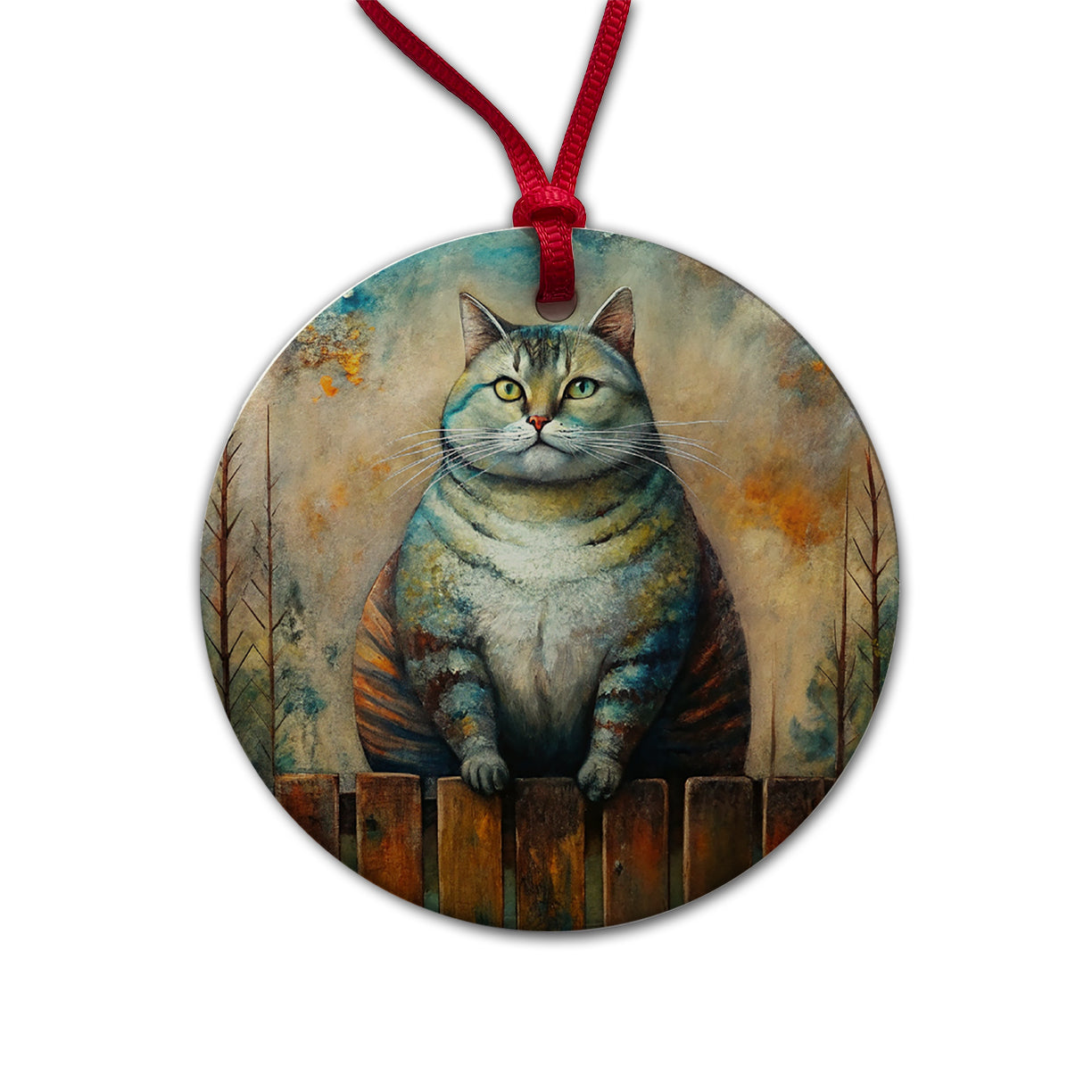 Fat Chunky Alley Cat Sitting On Fence Abstract Art Round Ceramic Holiday Christmas Tree Ornament