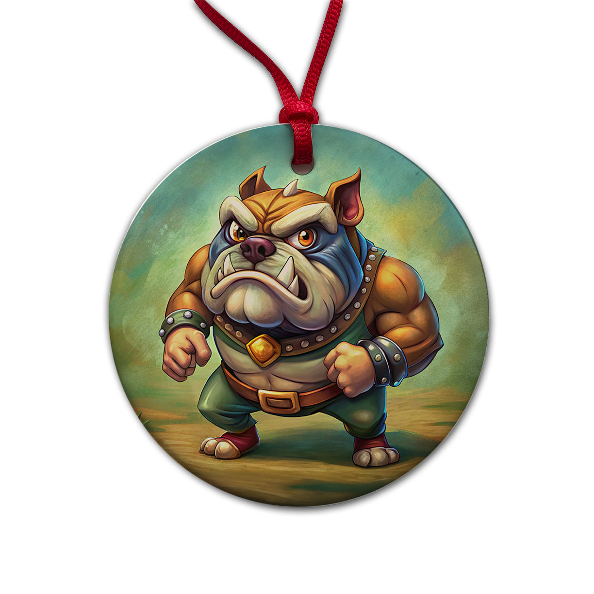 Fighting Bulldog Cartoon Round Ceramic Holiday Christmas Tree Ornament
