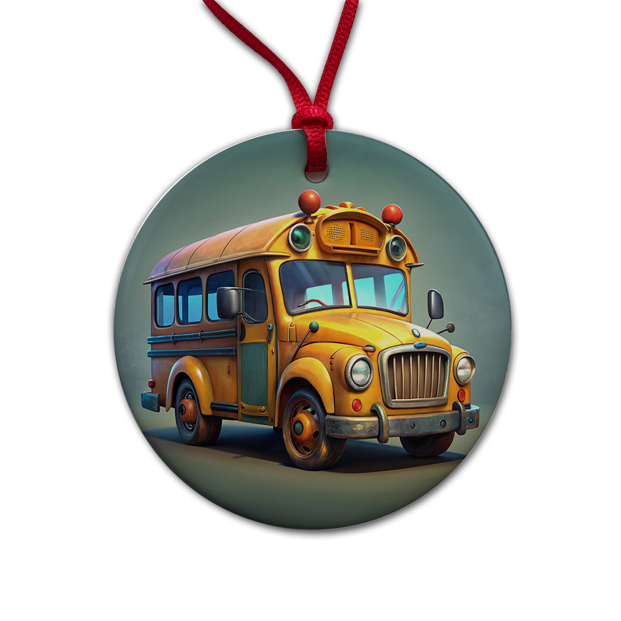 Funny School Short Bus Round Ceramic Holiday Christmas Tree Ornament