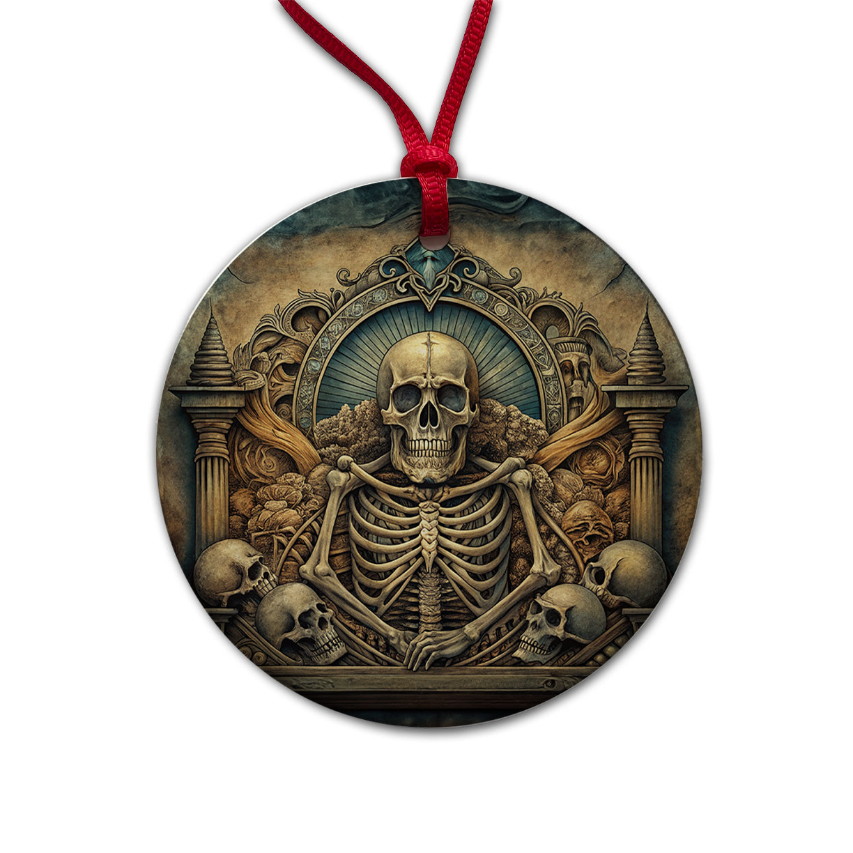 Gothic Ancient Skull Skeleton Bones Illustration Round Ceramic Holiday Christmas Tree Ornament