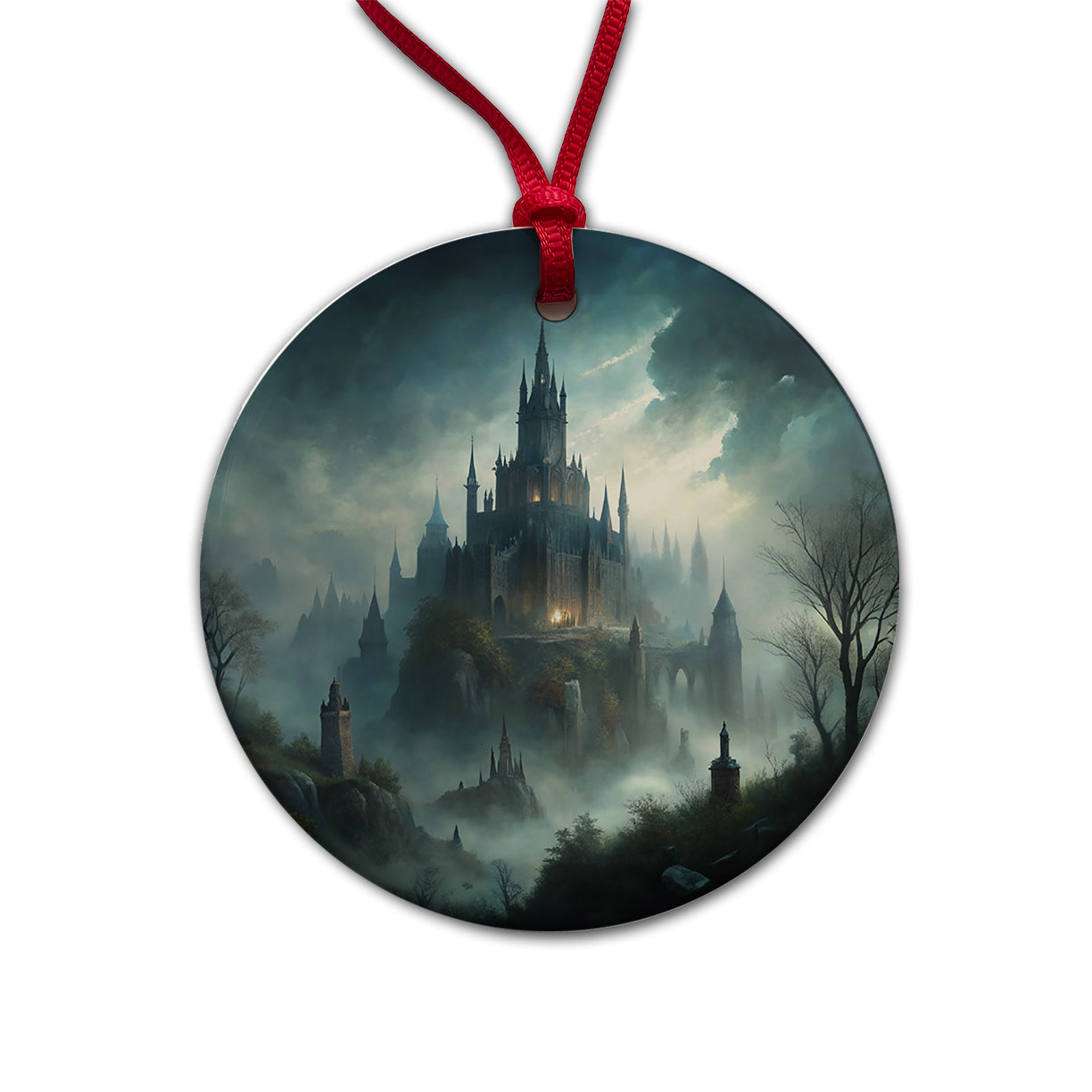 Gothic Horror Castle Round Ceramic Holiday Christmas Tree Ornament