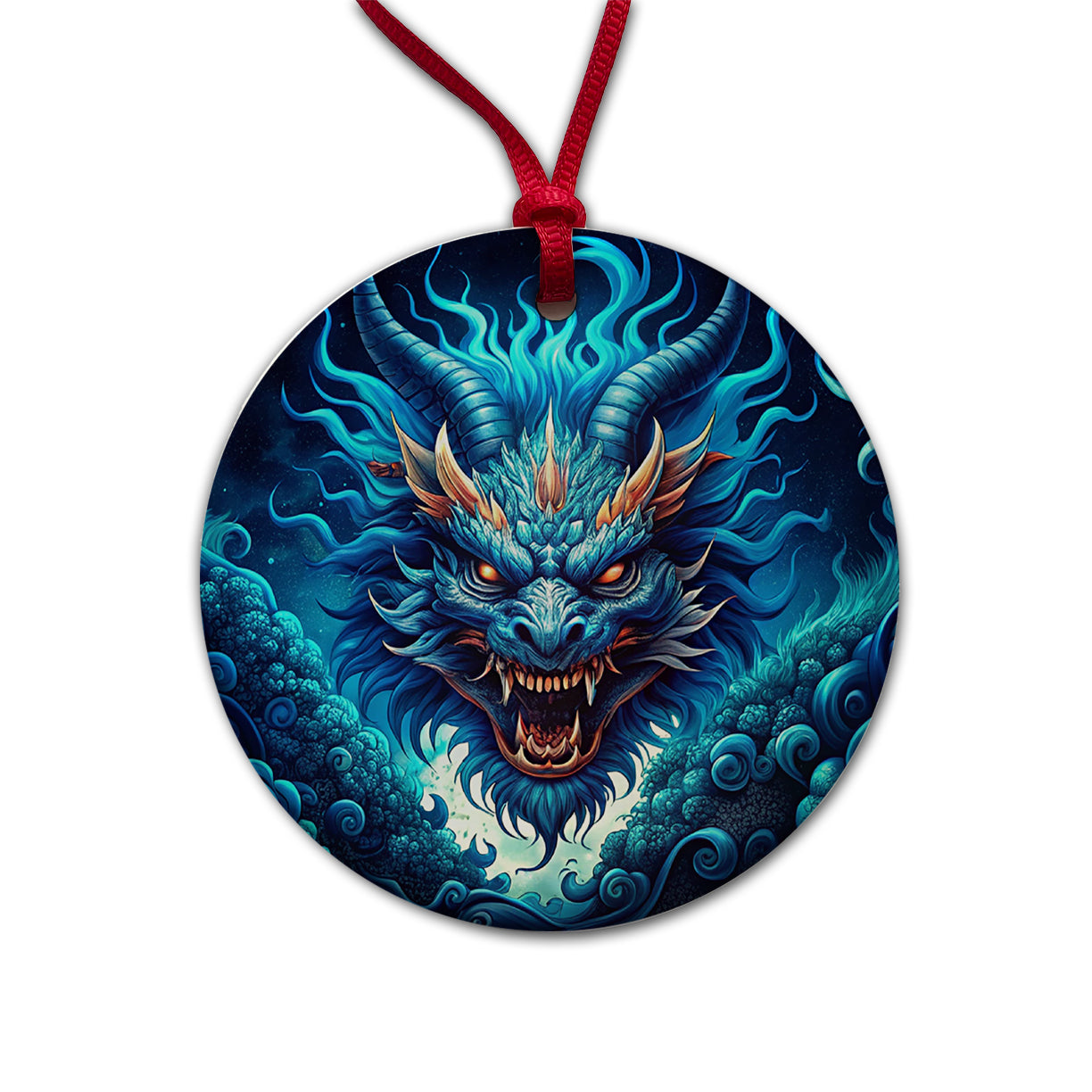 Japanese Asian Blue Spirit Dragon Art Round Ceramic Holiday Christmas Tree Ornament