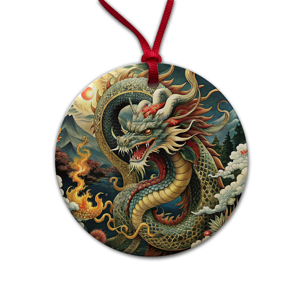 Japanese Asian Dragon Serpent Spirit Art Round Ceramic Holiday Christmas Tree Ornament