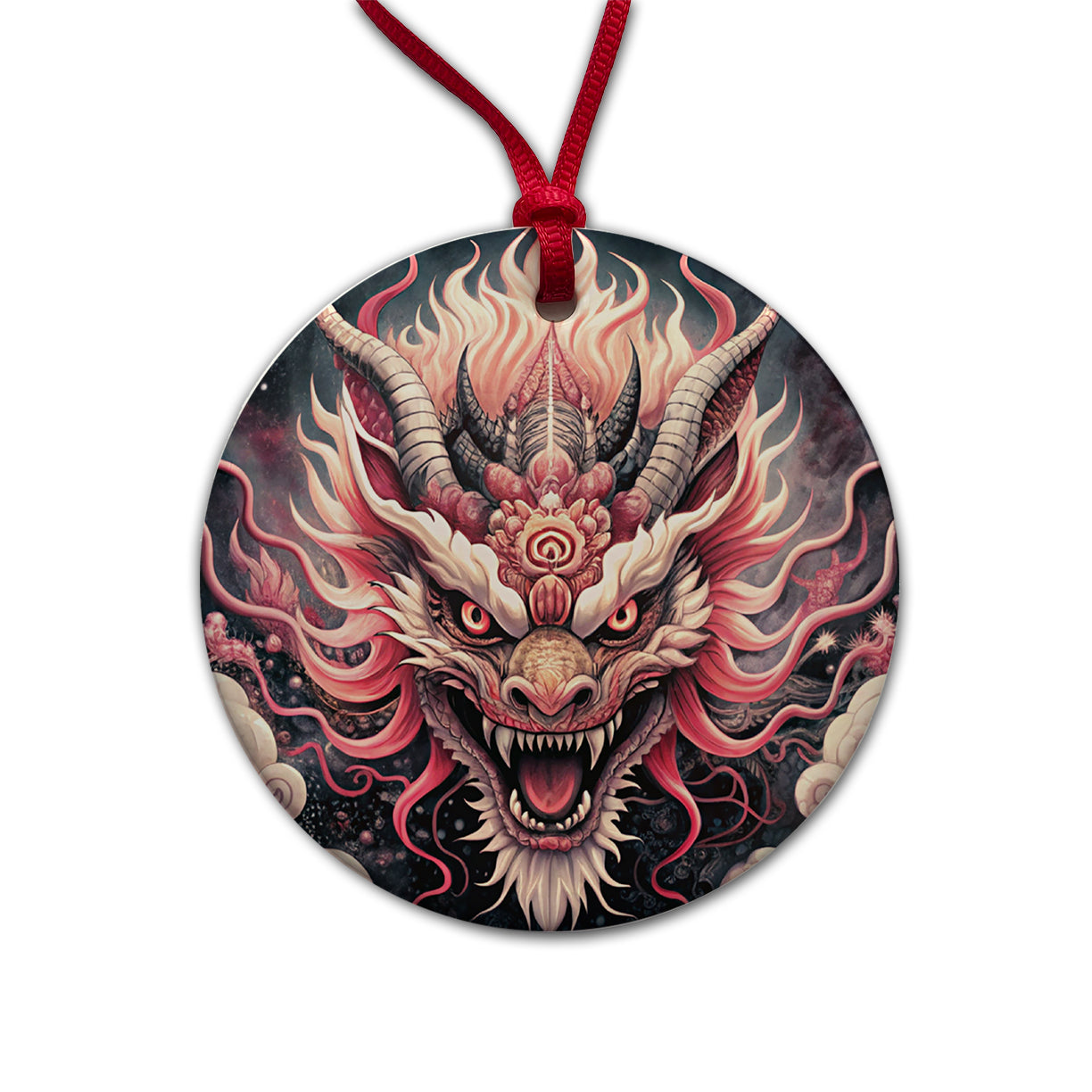 Japanese Asian Pink Spirit Dragon Art Round Ceramic Holiday Christmas Tree Ornament