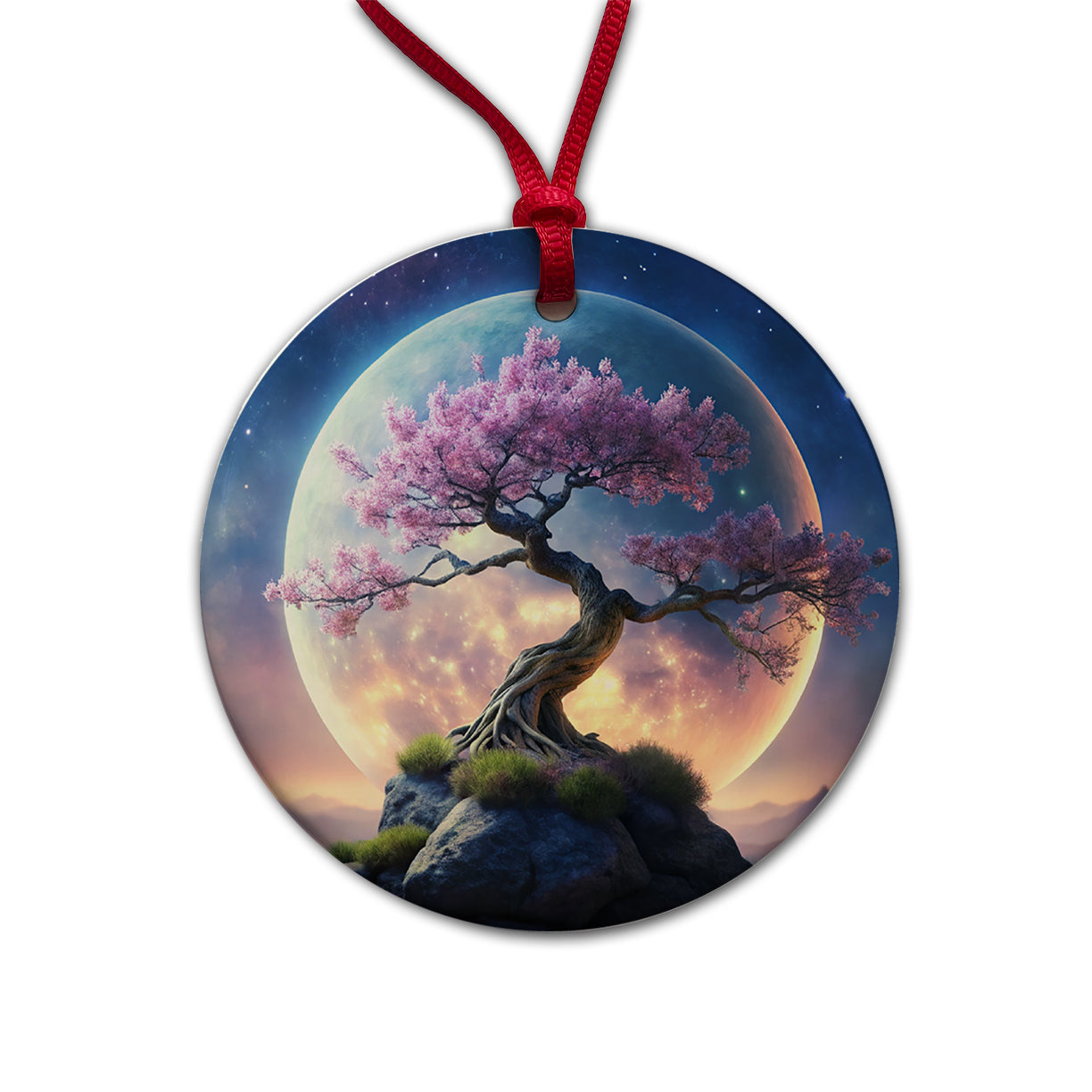 Japanese Bonsai Tree With Pink Flowers On Hill Under Large Moon Round Ceramic Holiday Christmas Tree Ornament