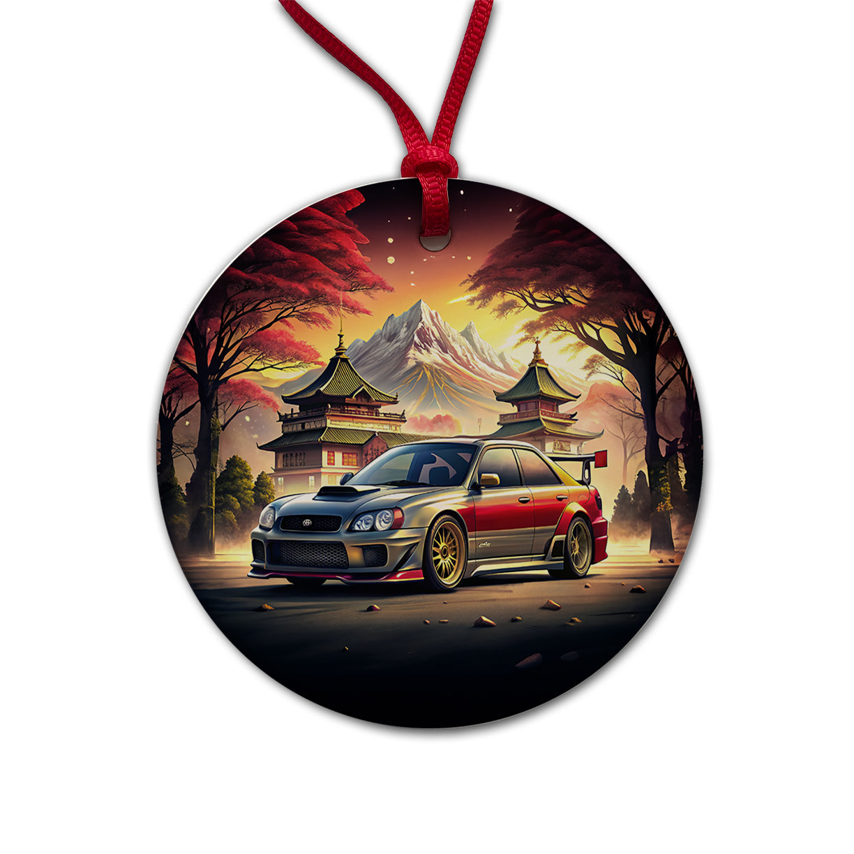 Japanese JDM Tuner Car Art Landscape Round Ceramic Holiday Christmas Tree Ornament