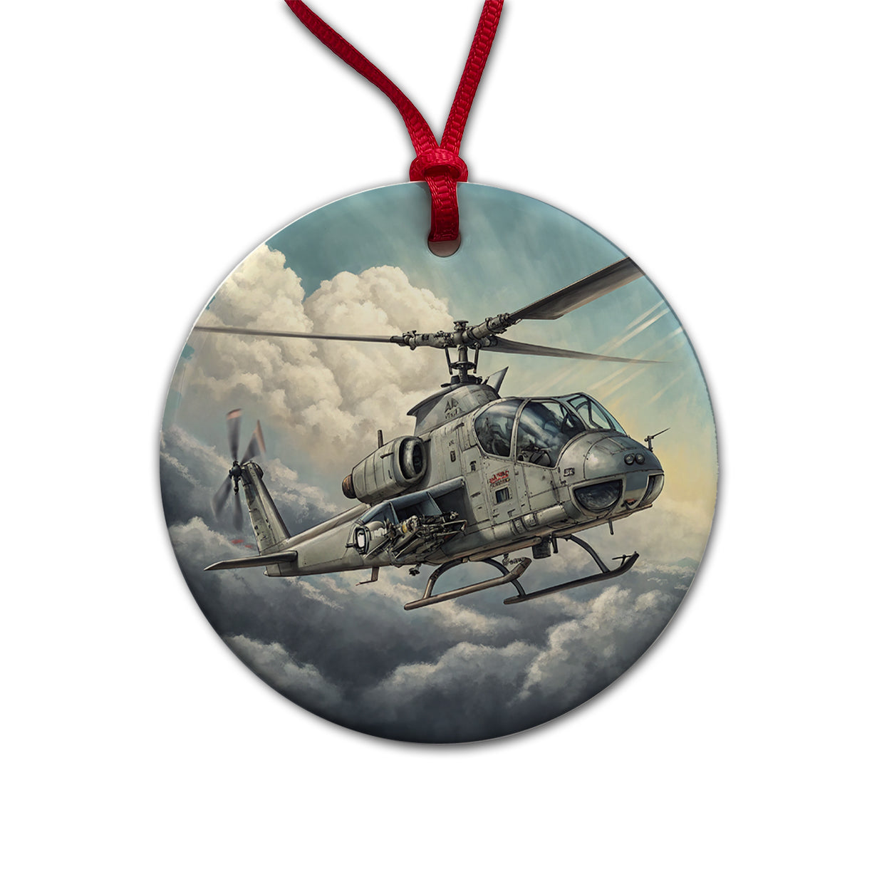 Military Attack Helicopter In Flight Round Ceramic Holiday Christmas Tree Ornament
