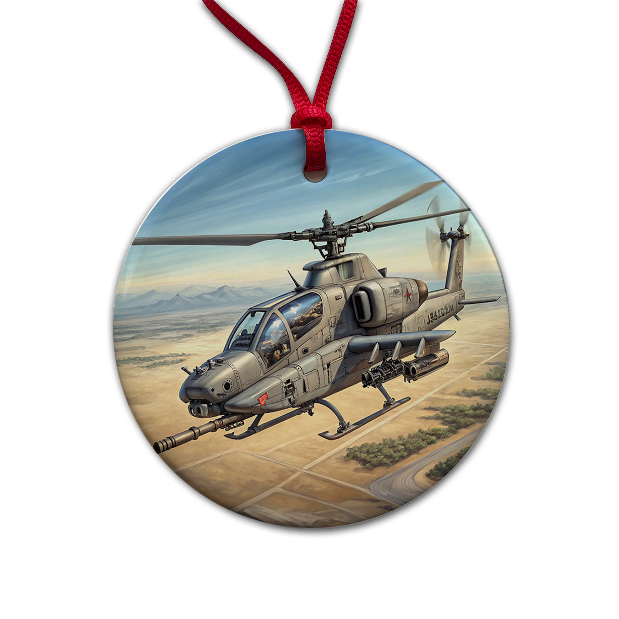 Military Gunship Helicopter In Flight Round Ceramic Holiday Christmas Tree Ornament