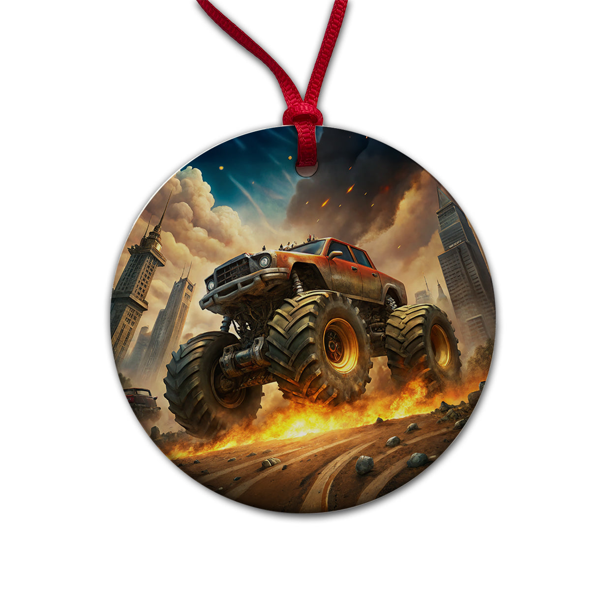 Monster Off-Road Truck Demolishing Cars Round Ceramic Holiday Christmas Tree Ornament