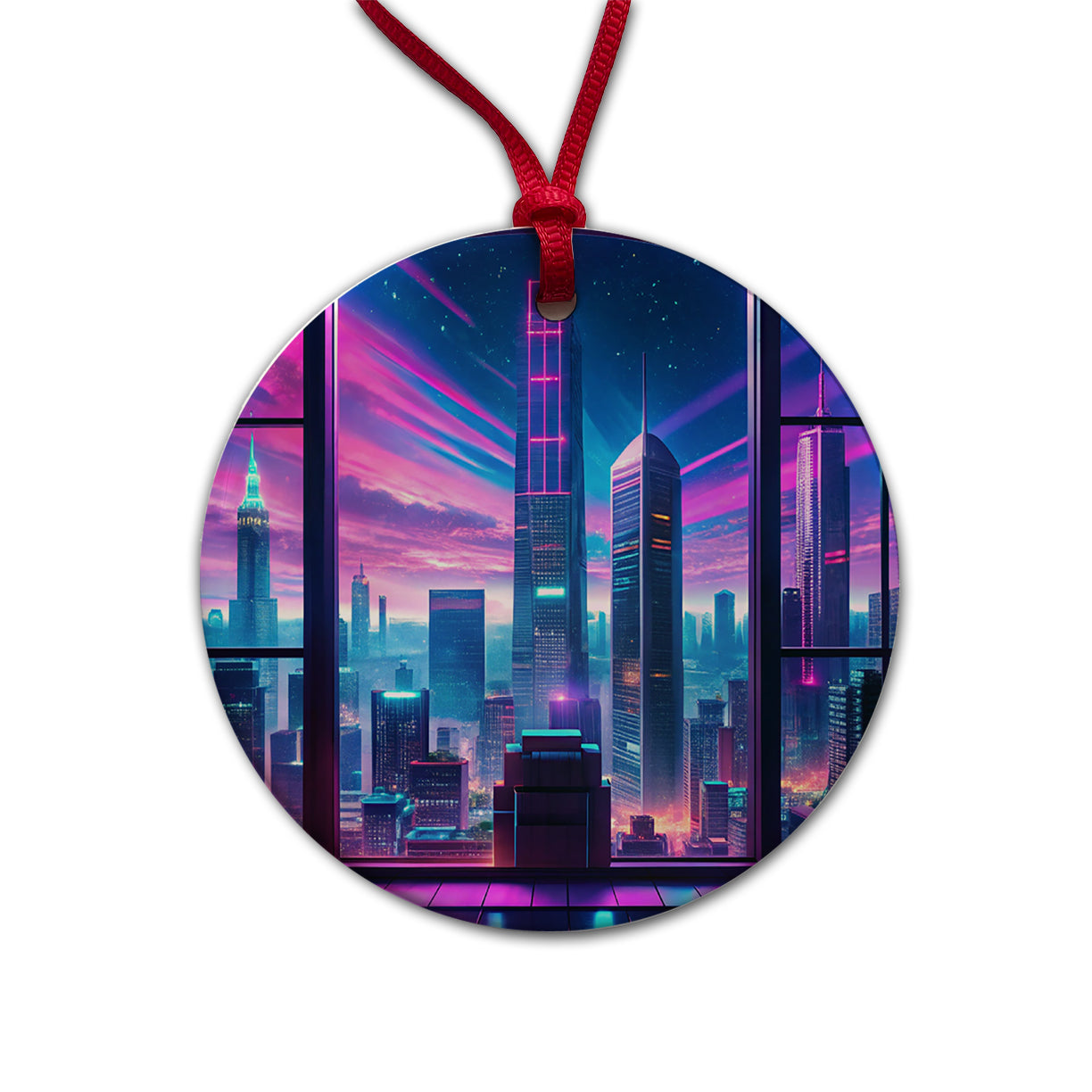 Neon Cityscape As Seen Through Skyscraper Window Purple Blue Round Ceramic Holiday Christmas Tree Ornament