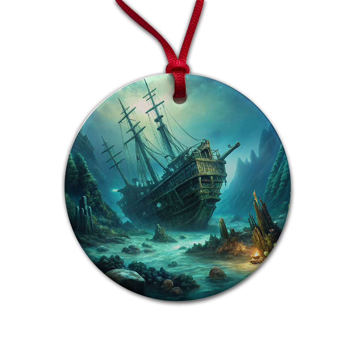 Pirate Ship Shipwreck Under The Ocean Round Ceramic Holiday Christmas Tree Ornament