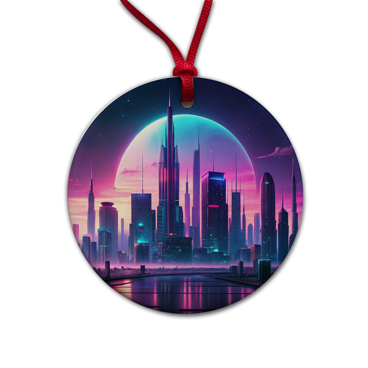 Purple Neon Sci-fi City Horizon Round Ceramic Holiday Christmas Tree Ornament